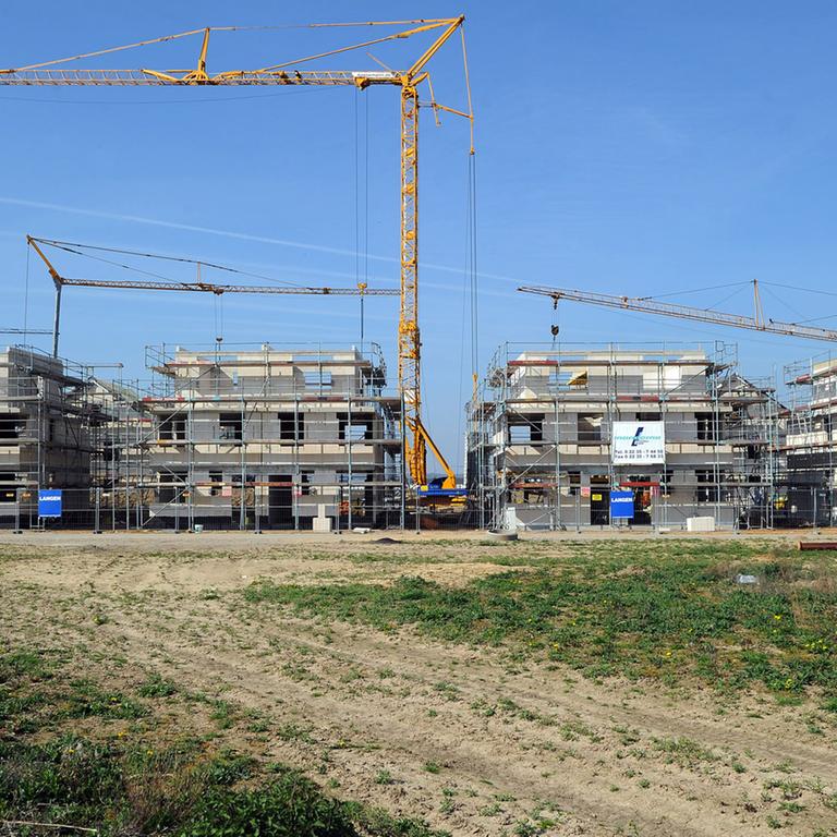 Ein Kran überragt im Neubaugebiet Widdersdorf-Süd in Köln (Nordrhein-Westfalen) im Bau befindliche Häuser. Auf etwa 1200 Baugrundstücken entstehen hier Ein- und Mehrfamilienhäuser.