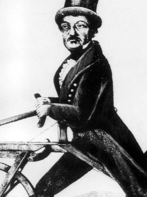 Historische Darstellung des hölzernen Laufrads Draisine, konstruiert 1817 von dem Erfinder Karl Friedrich Freiherr von Drais von Sauerbronn (1785-1851).