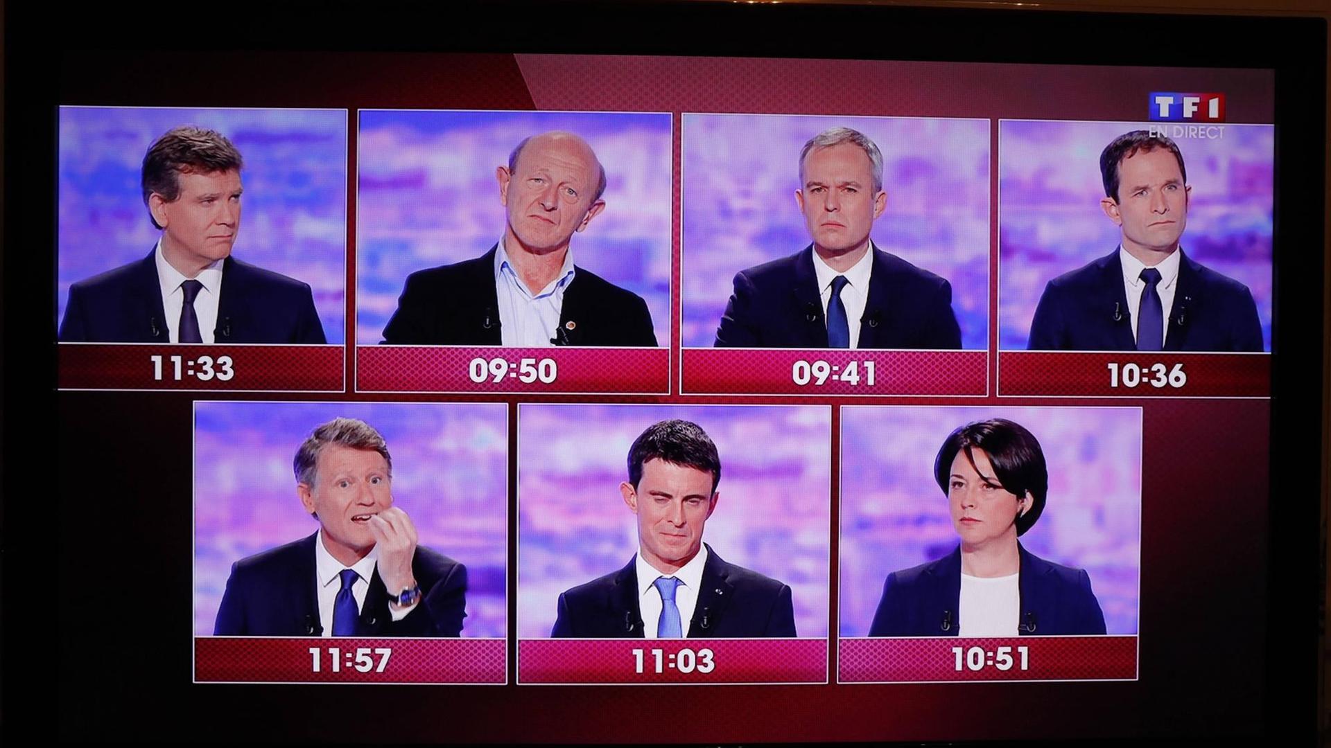 TV-Debatte der Sozialisten in Frankreich am 12.1.2016: Arnaud Montebourg / Jean Luc Bennahmias / Francois De Rugy / Vincent Peillon / Benoit Hamon / Manuel Valls / Sylvia Pinel. TV-Debatte der Sozialisten in Frankreich am 12.1.2016: Arnaud Montebourg / Jean Luc Bennahmias / Francois De Rugy / Vincent Peillon / Benoit Hamon / Manuel Valls / Sylvia Pinel.