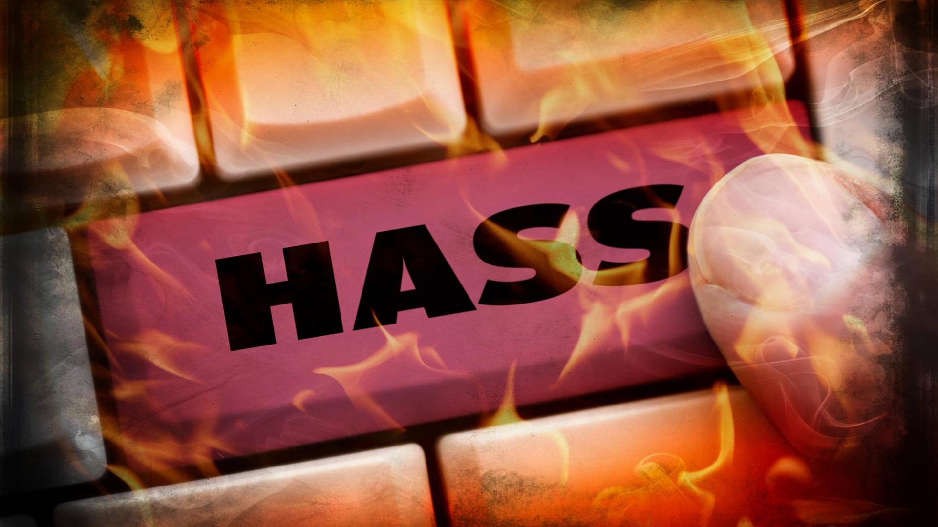 Symboldbild - auf einer Computertaste steht Hass. Ein Finger drückt auf diese Taste. Darum herum sind Flammen zu sehen. Symboldbild - auf einer Computertaste steht Hass. Ein Finger drückt auf diese Taste. Darum herum sind Flammen zu sehen.