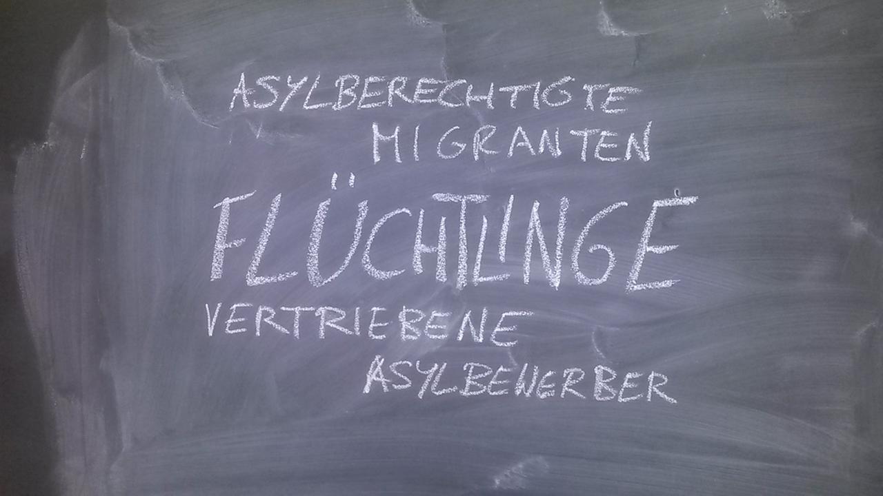 Die Begriffe Asylberechtigte, Migranten, Flüchtlinge, Vertriebene, Asylbewerber stehen auf einer Tafel. Die Begriffe Asylberechtigte, Migranten, Flüchtlinge, Vertriebene, Asylbewerber stehen auf einer Tafel.
