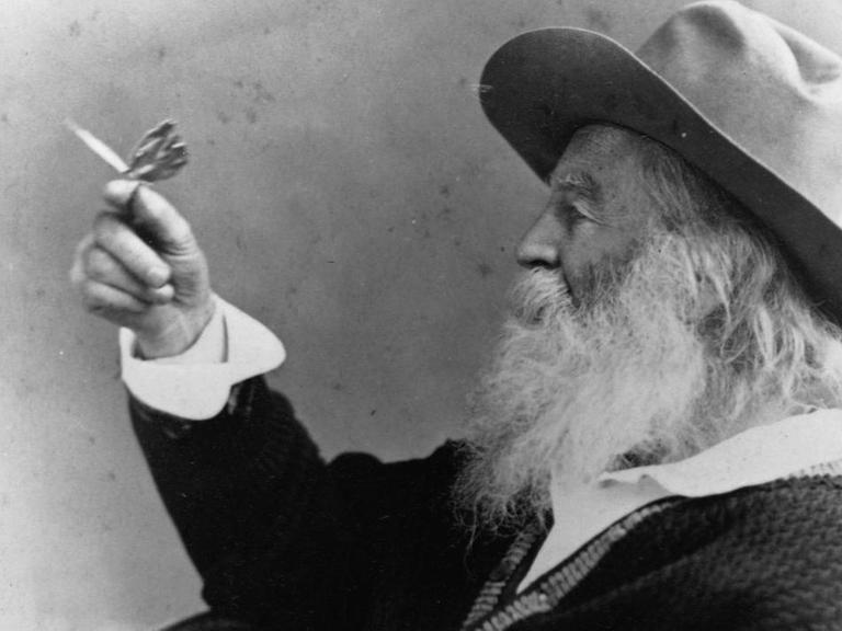 Profilporträt von Walt Whitman, der einen Schmetterling hält.