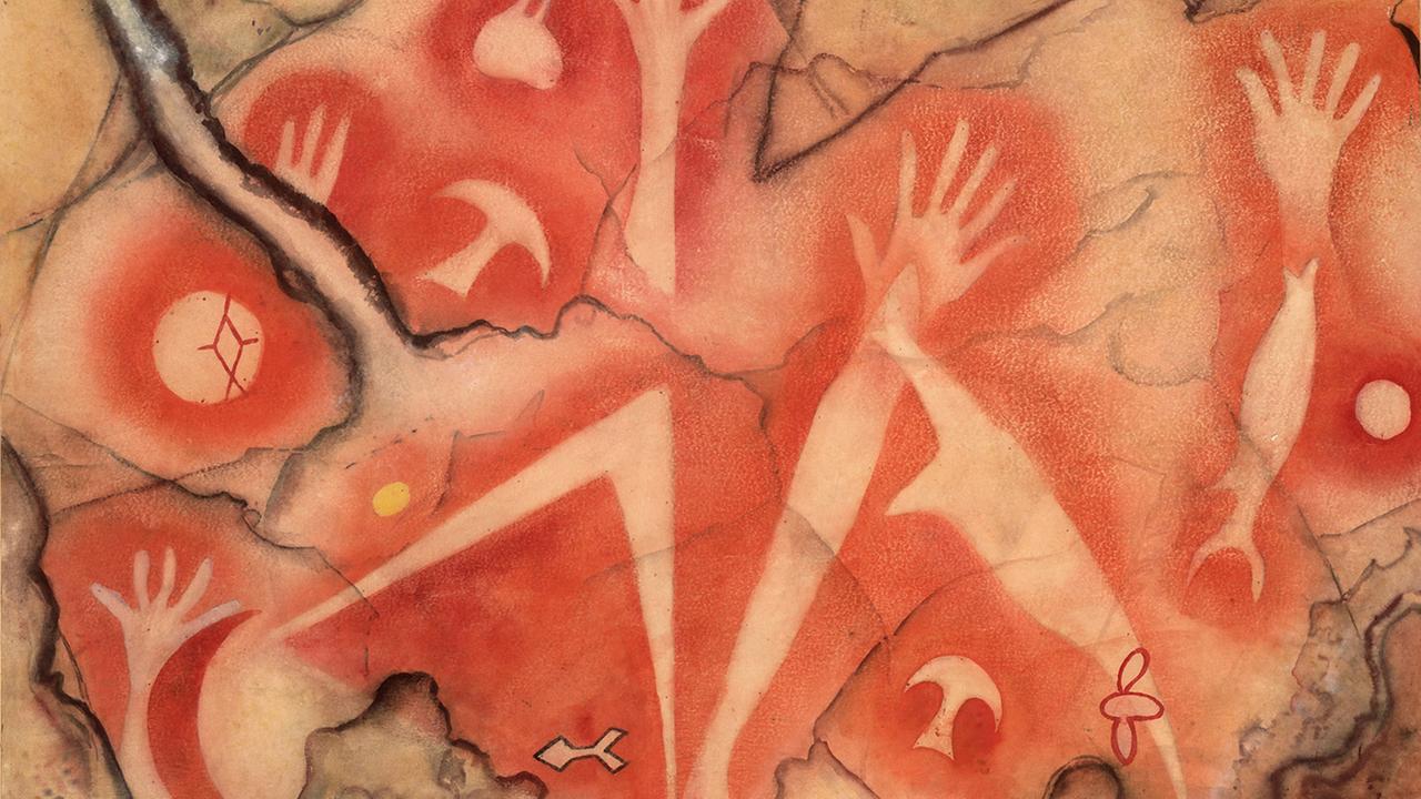 Handsilhouetten, Fische und Mond, Indonesien, Westpapua, Tabulinetin, 500-1.500 n.Chr, Aquarell von Albert Hahn, 1937 Handsilhouetten, Fische und Mond, Indonesien, Westpapua, Tabulinetin, 500-1.500 n.Chr, Aquarell von Albert Hahn, 1937