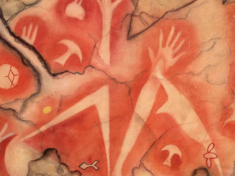 Handsilhouetten, Fische und Mond, Indonesien, Westpapua, Tabulinetin, 500-1.500 n.Chr, Aquarell von Albert Hahn, 1937