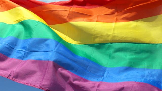 Es ist die Regenbogenfahne zu sehen, die ein Symbol der Schwulen- und Lesbenbewegung ist.