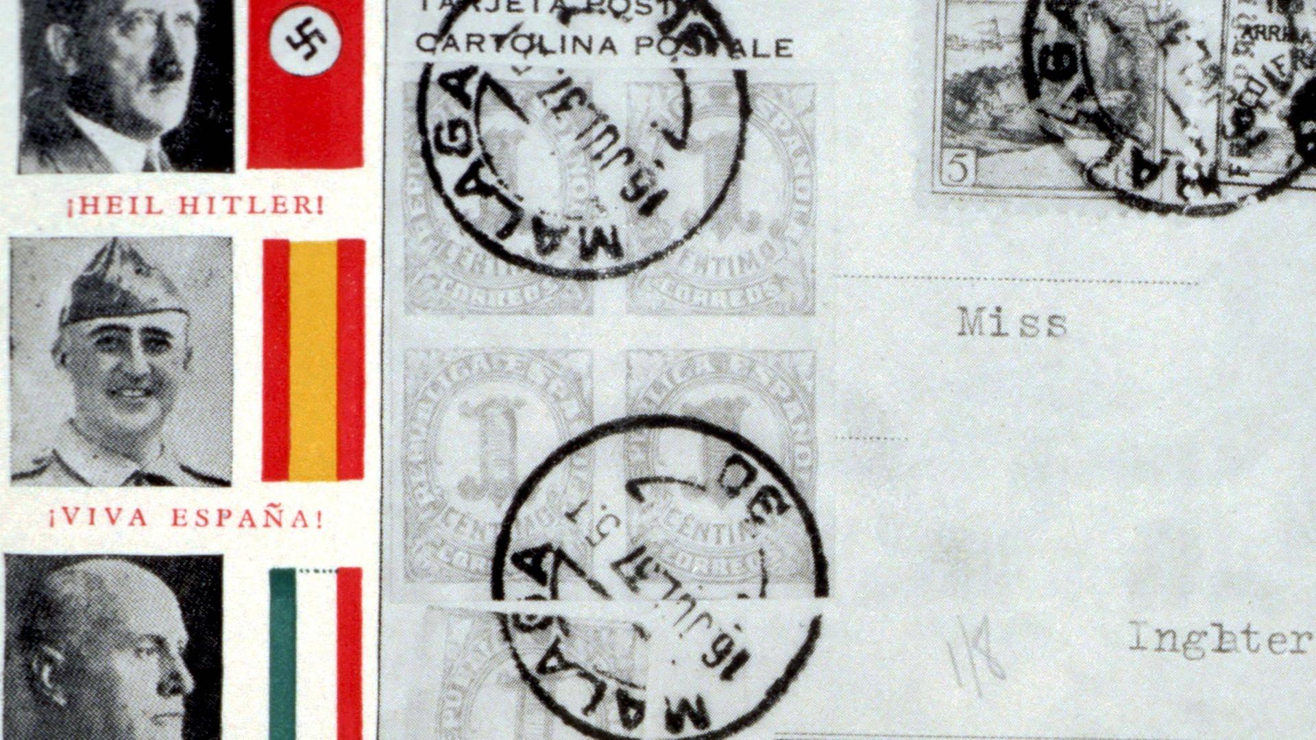 Die Porträts von Hitler, Mussolini und Franco auf einer Postkarte aus dem Jahr 1937 Die Porträts von Hitler, Mussolini und Franco auf einer Postkarte aus dem Jahr 1937
