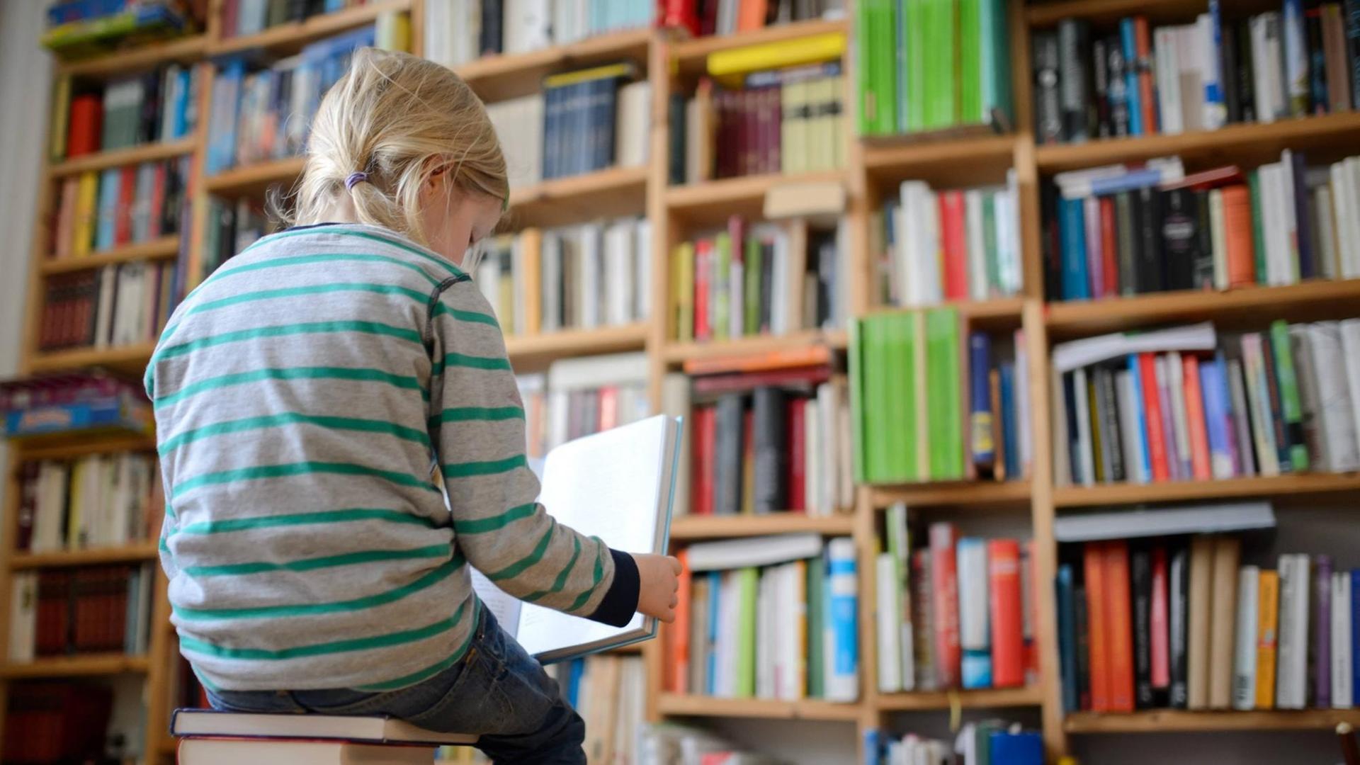 Ein Kind sitzt auf einem Buchstapel vor einem Bücherregal und liest ein Buch. Ein Kind sitzt auf einem Buchstapel vor einem Bücherregal und liest ein Buch.