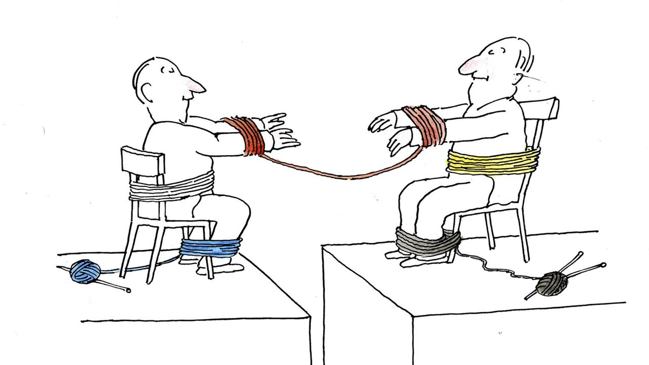 HANDOUT - Eine Karrikatur des französischen Zeichners Tomi Ungerer ohne Titel aus dem Jahr 1999 zum deutsch-französischen Verhältnis. Bis zum 14.07.2013 ist unter anderem diese Karikatur im Rahmen einer Präsentation von politischen Karikaturen in einer Ausstellung im Ungerer Museum in Straßburg zu sehen. Foto: Tomi Ungerer/Museum Straßburg dpa (zu dpa ««Merkozy», Germania und die französische Marianne» vom 23.05.2013) (Nur zur redaktionellen Verwendung bei Nennung der Quelle und nur im Zusammenhang mit der Berichterstattung über die Ausstellung) | Verwendung weltweit HANDOUT - Eine Karrikatur des französischen Zeichners Tomi Ungerer ohne Titel aus dem Jahr 1999 zum deutsch-französischen Verhältnis. Bis zum 14.07.2013 ist unter anderem diese Karikatur im Rahmen einer Präsentation von politischen Karikaturen in einer Ausstellung im Ungerer Museum in Straßburg zu sehen. Foto: Tomi Ungerer/Museum Straßburg dpa (zu dpa ««Merkozy», Germania und die französische Marianne» vom 23.05.2013) (Nur zur redaktionellen Verwendung bei Nennung der Quelle und nur im Zusammenhang mit der Berichterstattung über die Ausstellung) | Verwendung weltweit
