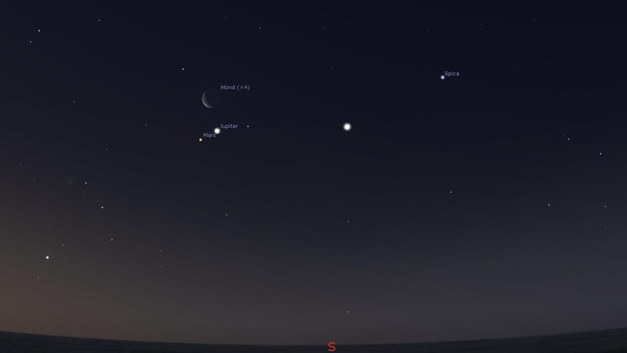 Mond, Jupiter, Mars, die Raumstation und Spica morgen früh gegen 07.18 h, gesehen von Frankfurt am Main Mond, Jupiter, Mars, die Raumstation und Spica morgen früh gegen 07.18 h, gesehen von Frankfurt am Main