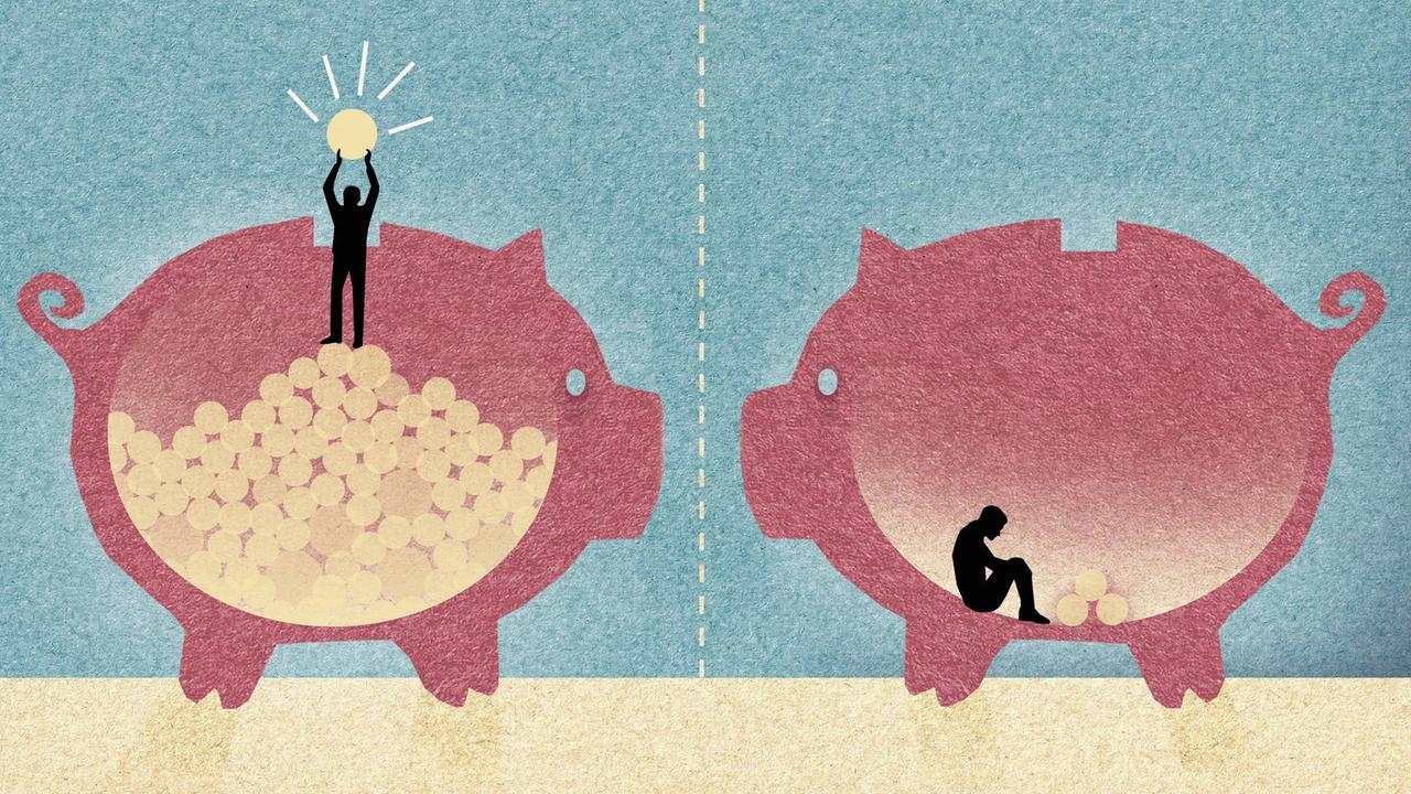 Illusration: Ein reicher und ein armer Mann sitzen in jeweils einem Sparschwein - mit und ohne Geld. Illusration: Ein reicher und ein armer Mann sitzen in jeweils einem Sparschwein - mit und ohne Geld.