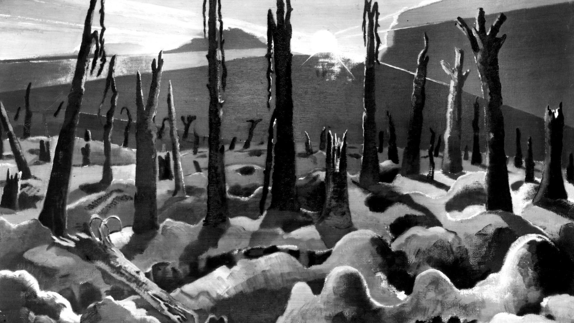  Auf dem in schwarz-weiß abfotografierten Gemälde "We are making a new world" ("Wir schaffen eine neue Welt") des britischen Surrealisten Paul Nash von 1918 zum Ersten Weltkrieg ist ein verwüstetes, menschenleeres Schlachtfeld in Belgien zu sehen. 
