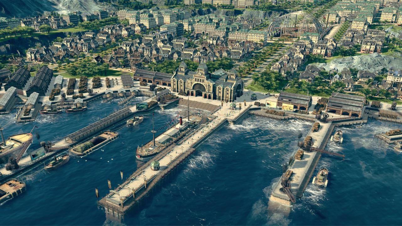 Auf dem Bild ist ein Screenshot aus dem Computerspiel "Anno 1800" zu sehen. Zu sehen ist ein Stadtpanorama in isometrischer Perspektive