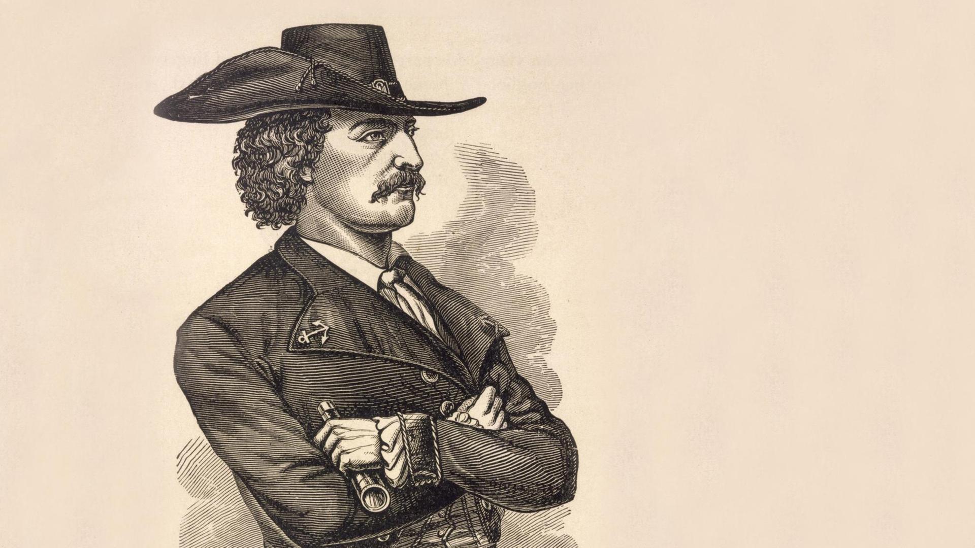 Historische Grafik mit der Darstellung des französischen Piraten Jean Lafitte, mit Hut und Fernrohr in der Hand. Historische Grafik mit der Darstellung des französischen Piraten Jean Lafitte, mit Hut und Fernrohr in der Hand.
