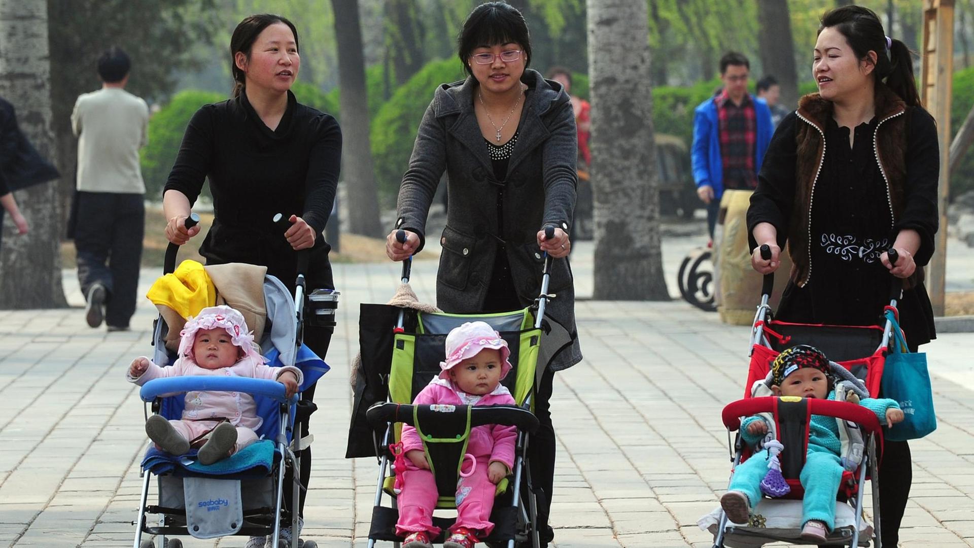 Drei Frauen gehen mit Kinderwagen durch einen Park.