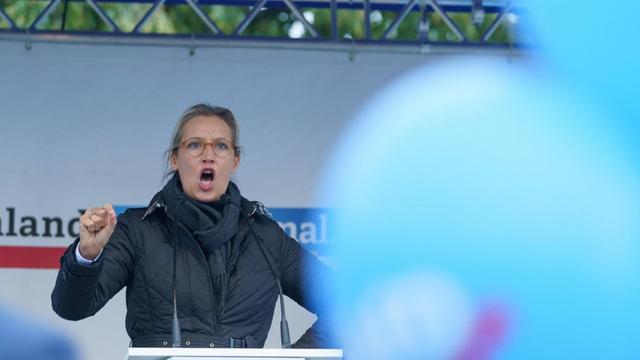 Wahlkampfabschluss der AfD in Berlin zur Bundestagswahl 2021 vor dem Schloss Charlottenburg. Alice Weidel, Spitzenkandidatin der AfD zur Bundestagswahl, steht während ihrer Rede auf der Bühne.