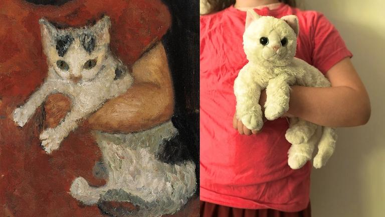 Paula Modersohn-Becker, Katze in einem Kinderarm, um 1903. Nachgestellt von Diana Spanier. Paula Modersohn-Becker, Katze in einem Kinderarm, um 1903. Nachgestellt von Diana Spanier.