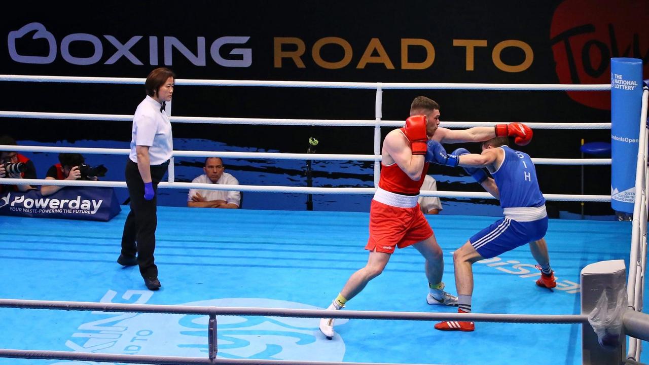 Kampf im Rahmen des Olympia-Qualifikationsturniers der europäischen Boxer in London (Großbritannien) für die Olympischen Spiele 2020 in Tokio Kampf im Rahmen des Olympia-Qualifikationsturniers der europäischen Boxer in London (Großbritannien) für die Olympischen Spiele 2020 in Tokio