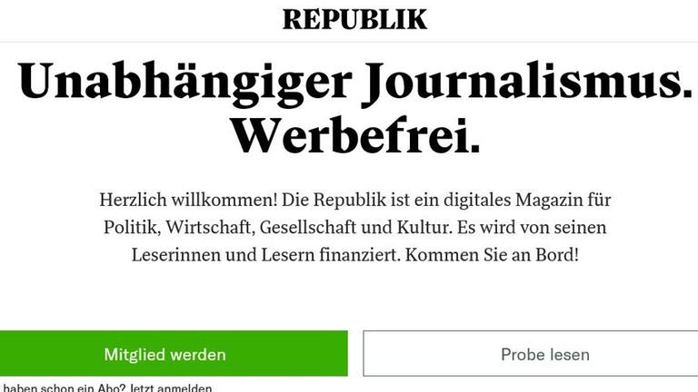 Auf der Homepage des Online-Magazins "Republik" wird für eine kostenpflichtige Mitgliedschaft geworben. Auf der Homepage des Online-Magazins "Republik" wird für eine kostenpflichtige Mitgliedschaft geworben.