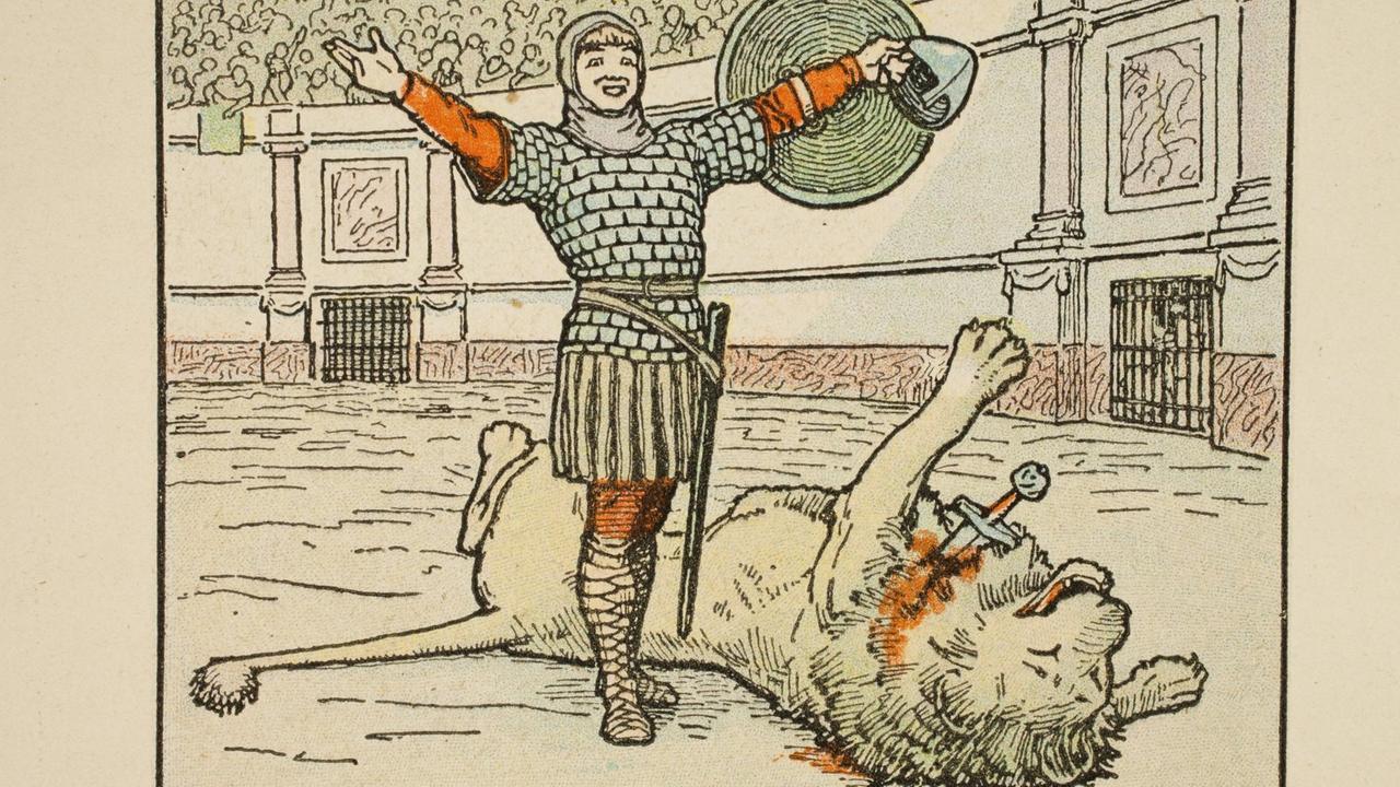 1BE-32-E1-2 (2141118)
Pippin III. in der Arena / Farbdruck
Pippin (Pépin) III. der Jüngere (der
Kleine); König der Franken (752-68); Ju-
pille 714 - Saint-Denis 24.9.768.
- 'PÉPIN LE BREF (752-768) PERE DE LA DYNASTIE
CAROLINGIENNE', Ausschnitt: 'COMBAT DE PÉPIN LE BREF CONTRE
UN LION' (Pippin besiegt in der Arena einen Löwen mit
Schwert). -
Farbdruck nach Zeichnung von Charles Darrigan.
Aus: Gustave Gautherot, Histoire de France, Tome I,
Paris (Maison de la Bonne Presse), 1934. | 1BE-32-E1-2 (2141118)
Pippin III. in der Arena / Farbdruck
Pippin (Pépin) III. der Jüngere (der
Kleine); König der Franken (752-68); Ju-
pille 714 - Saint-Denis 24.9.768.
- 'PÉPIN LE BREF (752-768) PERE DE LA DYNASTIE
CAROLINGIENNE', Ausschnitt: 'COMBAT DE PÉPIN LE BREF CONTRE
UN LION' (Pippin besiegt in der Arena einen Löwen mit
Schwert). -
Farbdruck nach Zeichnung von Charles Darrigan.
Aus: Gustave Gautherot, Histoire de France, Tome I,
Paris (Maison de la Bonne Presse), 1934. |