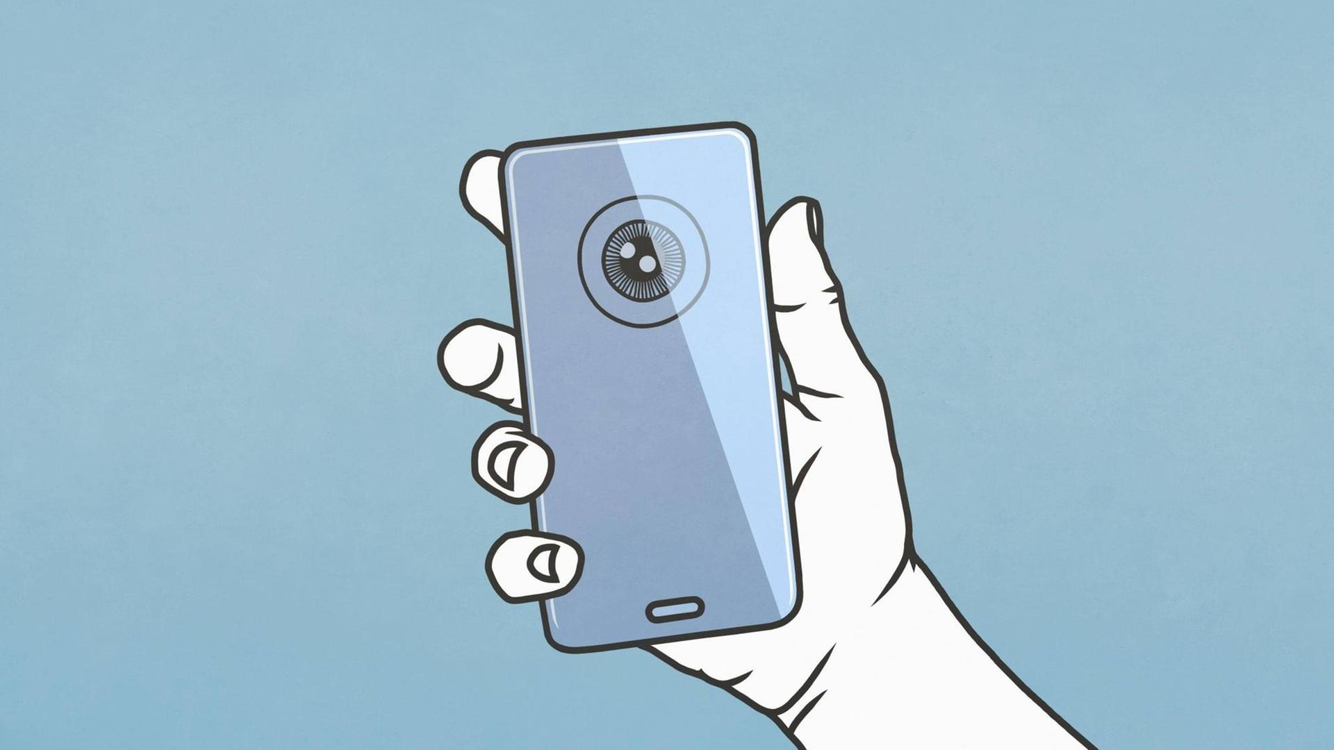 Illustration: Eine Hand hält ein Smartphone mit einem Auge. Illustration: Eine Hand hält ein Smartphone mit einem Auge.