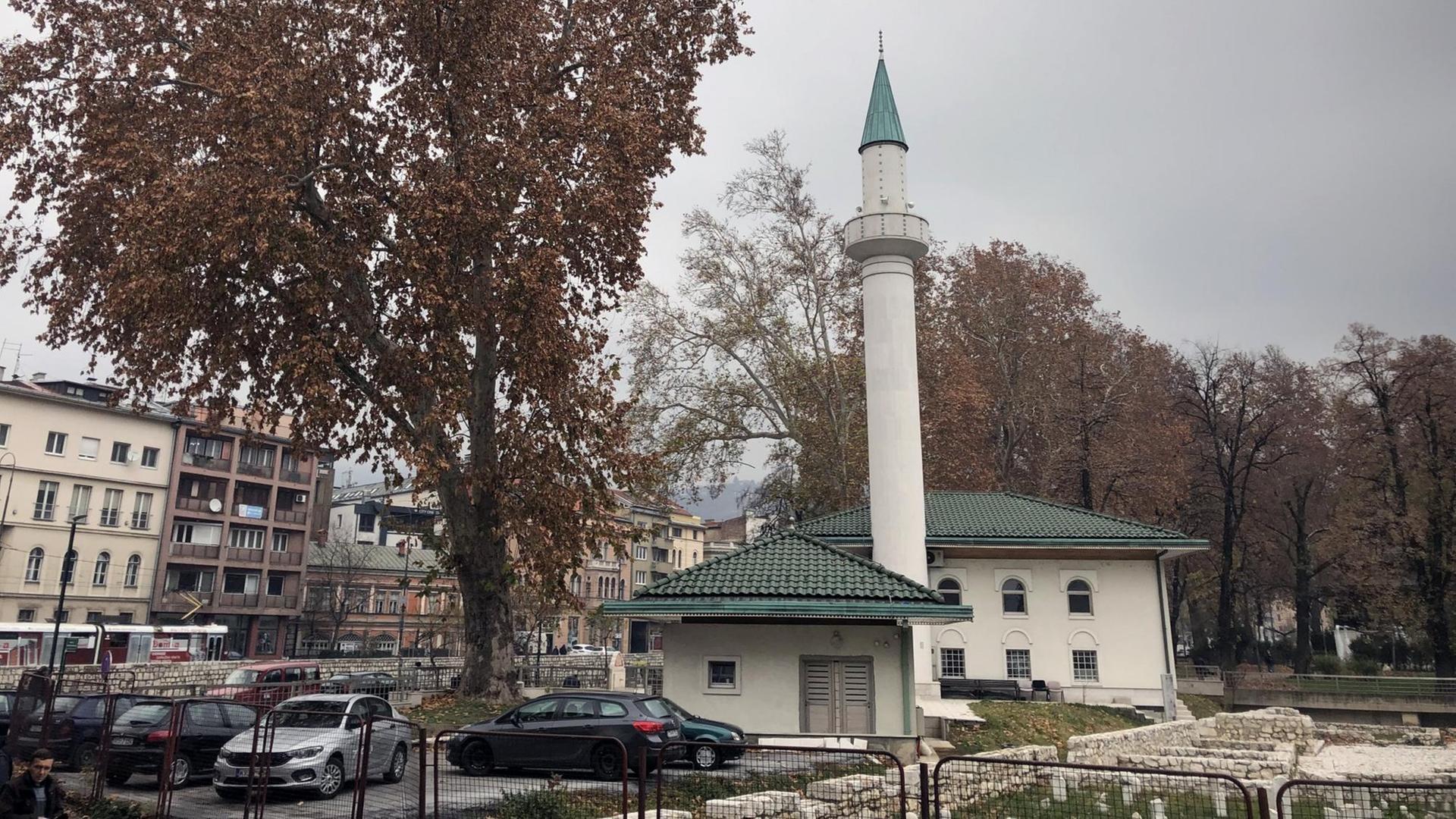 Eine kleine weiße Moschee mit Minarett in Sarajevo. Im Hintergrund stehen Bäume und Häuser, davor parkende Autos. Eine kleine weiße Moschee mit Minarett in Sarajevo. Im Hintergrund stehen Bäume und Häuser, davor parkende Autos.