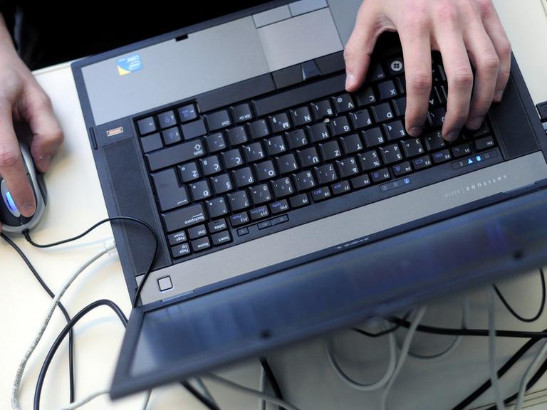 Eine Person bedient einen Laptop mit einer Mouse.