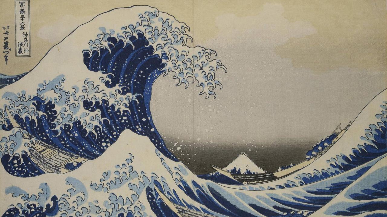 Hokusais Farbholzschnitt "Die große Welle vor Kanagawa". Das Bild wurde häufig aufgegriffen und gilt als Ikone. Hokusais Farbholzschnitt "Die große Welle vor Kanagawa". Das Bild wurde häufig aufgegriffen und gilt als Ikone.