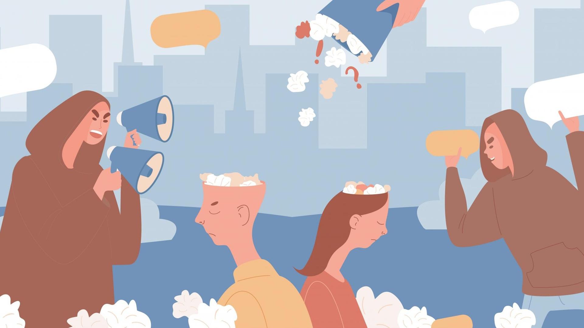 Illustration mit Menschen, die Fake News in die Welt setzen und andere fragend da sitzen Illustration mit Menschen, die Fake News in die Welt setzen und andere fragend da sitzen