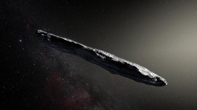 Mögliches Aussehen des interstellaren Asteroiden Oumuamua (künstlerische Darstellung)