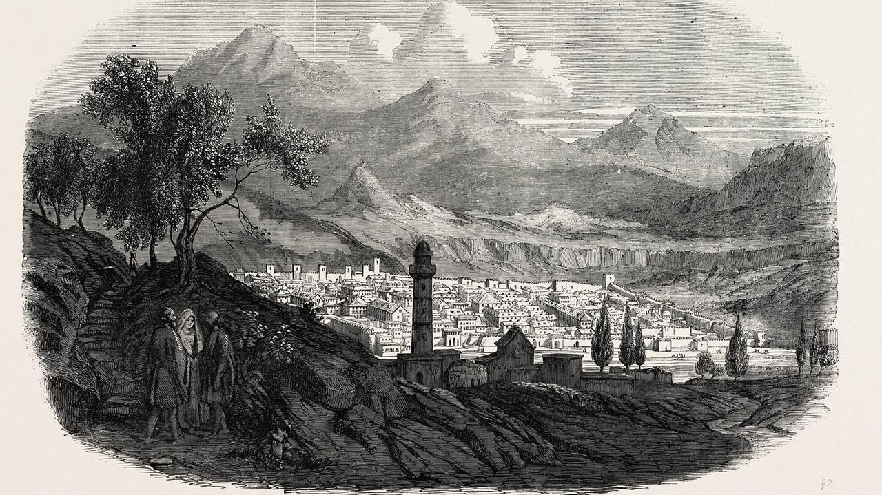 Eine Zeichnung von Kars aus dem Jahr 1854. Heute liegt die Stadt in der Türkei. 1897 war sie der Geburtsort des armenische Dichters Jeghische Tscharenz.