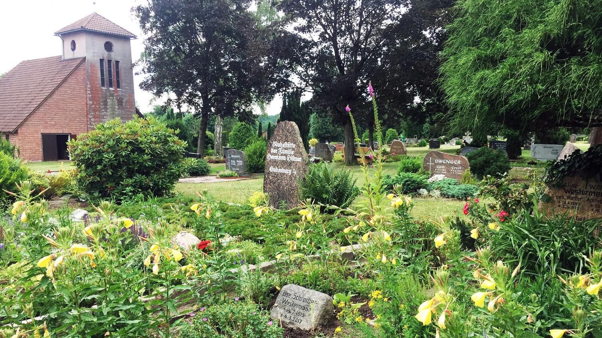 Blick auf ein Grabfeld mit kleinen auf dem Boden liegenden Grabplatten, drumherum üppiger Blumenwuchs mit gelben Blüten. Im Hintergrund Bäume und eine Friedhofskapelle aus Backstein.