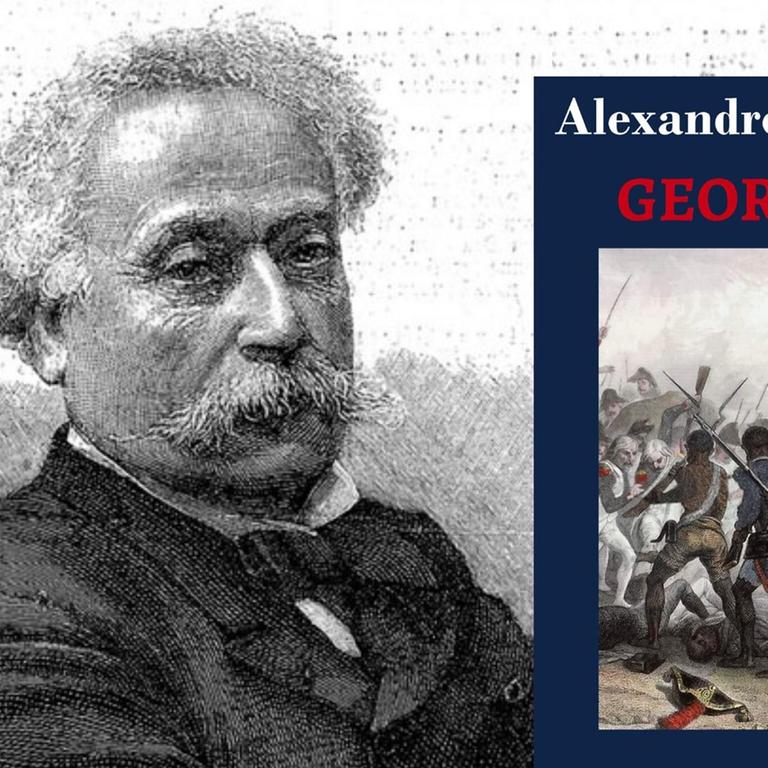 Porträt des Schriftstellers Alexandre Dumas und Buchcover: „Georges“
