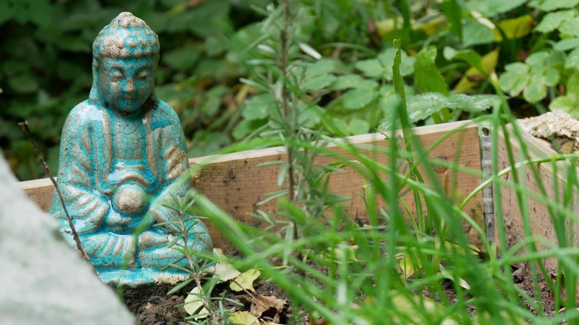 Wächter über Thymian und Schnittlauch - eine Buddhafigur in einem Hochbeet. Wächter über Thymian und Schnittlauch - eine Buddhafigur in einem Hochbeet.