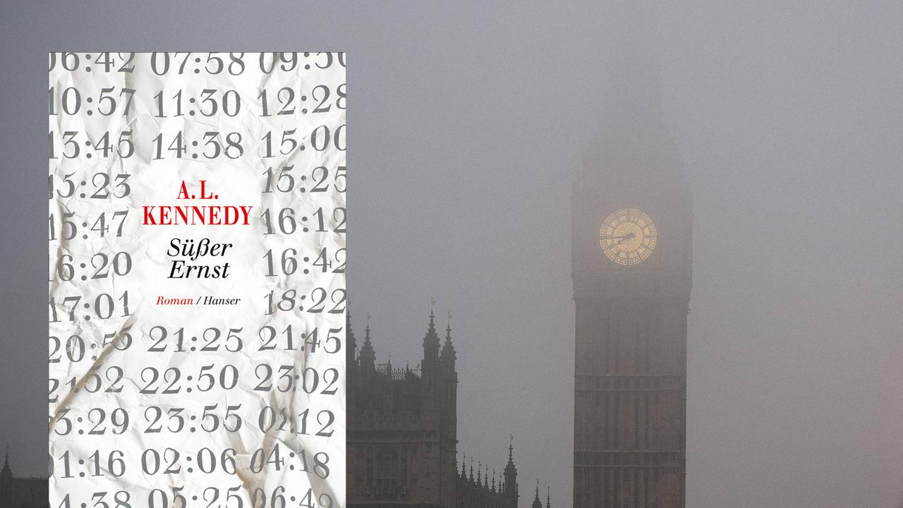 Im Nebel ist nur das Ziffernblatt der Uhr Big Ben in London zu sehen mit dem Buchcover von A. L. Kennedy "Süßer Ernst" Im Nebel ist nur das Ziffernblatt der Uhr Big Ben in London zu sehen mit dem Buchcover von A. L. Kennedy "Süßer Ernst"