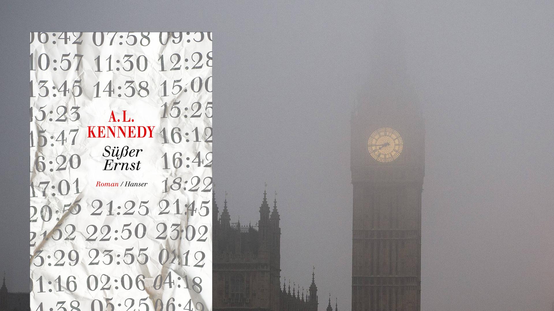 Im Nebel ist nur das Ziffernblatt der Uhr Big Ben in London zu sehen mit dem Buchcover von A. L. Kennedy "Süßer Ernst" Im Nebel ist nur das Ziffernblatt der Uhr Big Ben in London zu sehen mit dem Buchcover von A. L. Kennedy "Süßer Ernst"