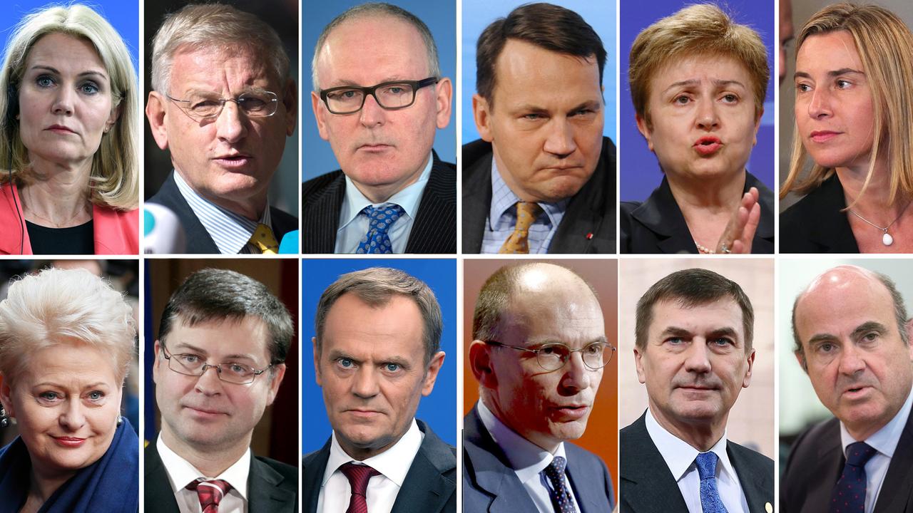 Die Bildkombo zeigt Kandidaten für das Amt der/des Außenbeauftragen: Federica Mogherini (r-l), Kristalina Georgiewa, Radoslaw Sikorski, Frans Timmeranns und Carl Bildt; die Kandidaten für das Amt des EU-Ratspräsidenten: Helle Thorning-Schmidt (l), Dalia Grybauskaite (unten l-r), Valdis Dombrovskis, Donald Tusk, Enrico Letta und Andrus Ansip; der Kandidat für den Eurogruppenchef Luis de Guindos (unten r). Die Bildkombo zeigt Kandidaten für das Amt der/des Außenbeauftragen: Federica Mogherini (r-l), Kristalina Georgiewa, Radoslaw Sikorski, Frans Timmeranns und Carl Bildt; die Kandidaten für das Amt des EU-Ratspräsidenten: Helle Thorning-Schmidt (l), Dalia Grybauskaite (unten l-r), Valdis Dombrovskis, Donald Tusk, Enrico Letta und Andrus Ansip; der Kandidat für den Eurogruppenchef Luis de Guindos (unten r).