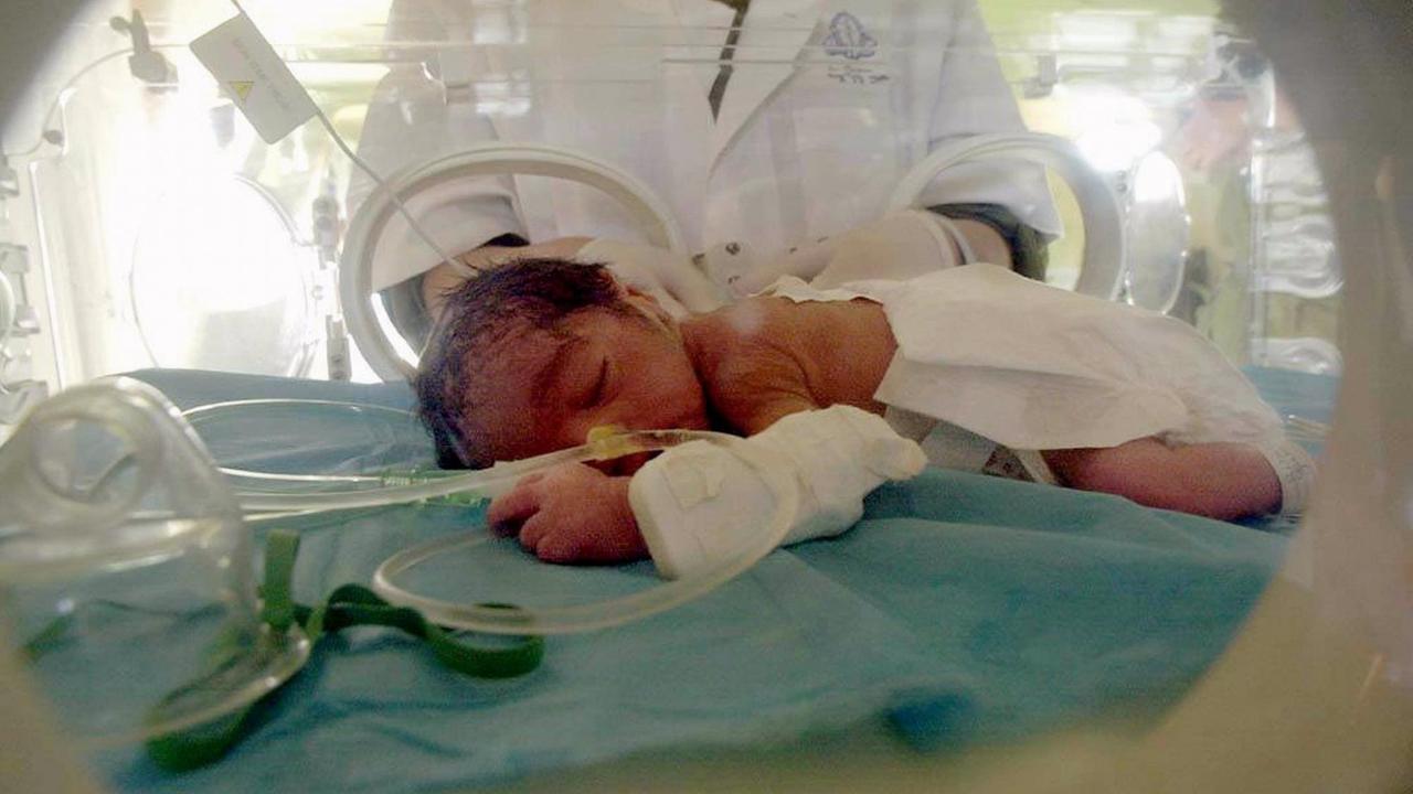 Ein neugeborene Baby wird von einem Arzt in einem Notlazarett in Bhuj untersucht.
