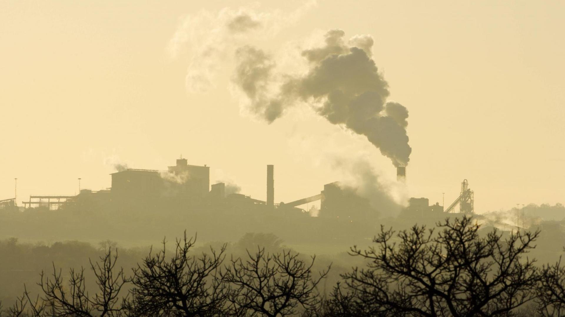 In der Ferne sieht man eine Fabrik in Südafrika mit rauchenden Schornsteinen. Im Vordergrund stehen am unteren Bildrand ein paar Bäume. Die Szene ist in ein gelbes Licht getaucht. In der Ferne sieht man eine Fabrik in Südafrika mit rauchenden Schornsteinen. Im Vordergrund stehen am unteren Bildrand ein paar Bäume. Die Szene ist in ein gelbes Licht getaucht.