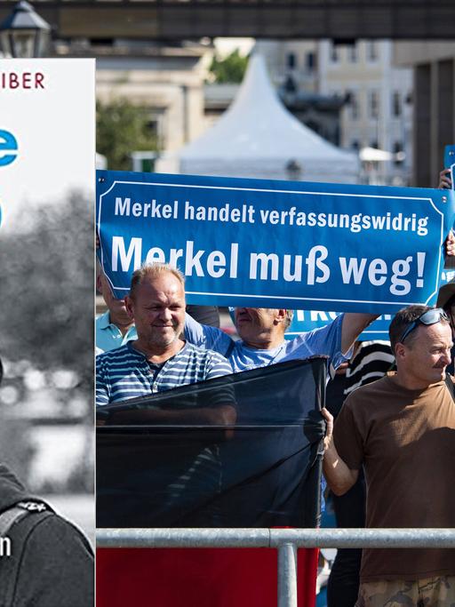 Cover von Franziska Schreibers Buch "Inside AfD". Im Hintergrund sind Anhänger der AfD zu sehen, die am 16.8.18 in Dresden gegen den Besuch von Angela Merkel demonstrieren.