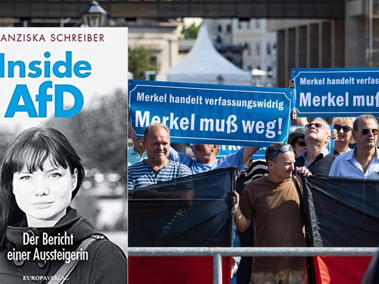Cover von Franziska Schreibers Buch "Inside AfD". Im Hintergrund sind Anhänger der AfD zu sehen, die am 16.8.18 in Dresden gegen den Besuch von Angela Merkel demonstrieren.