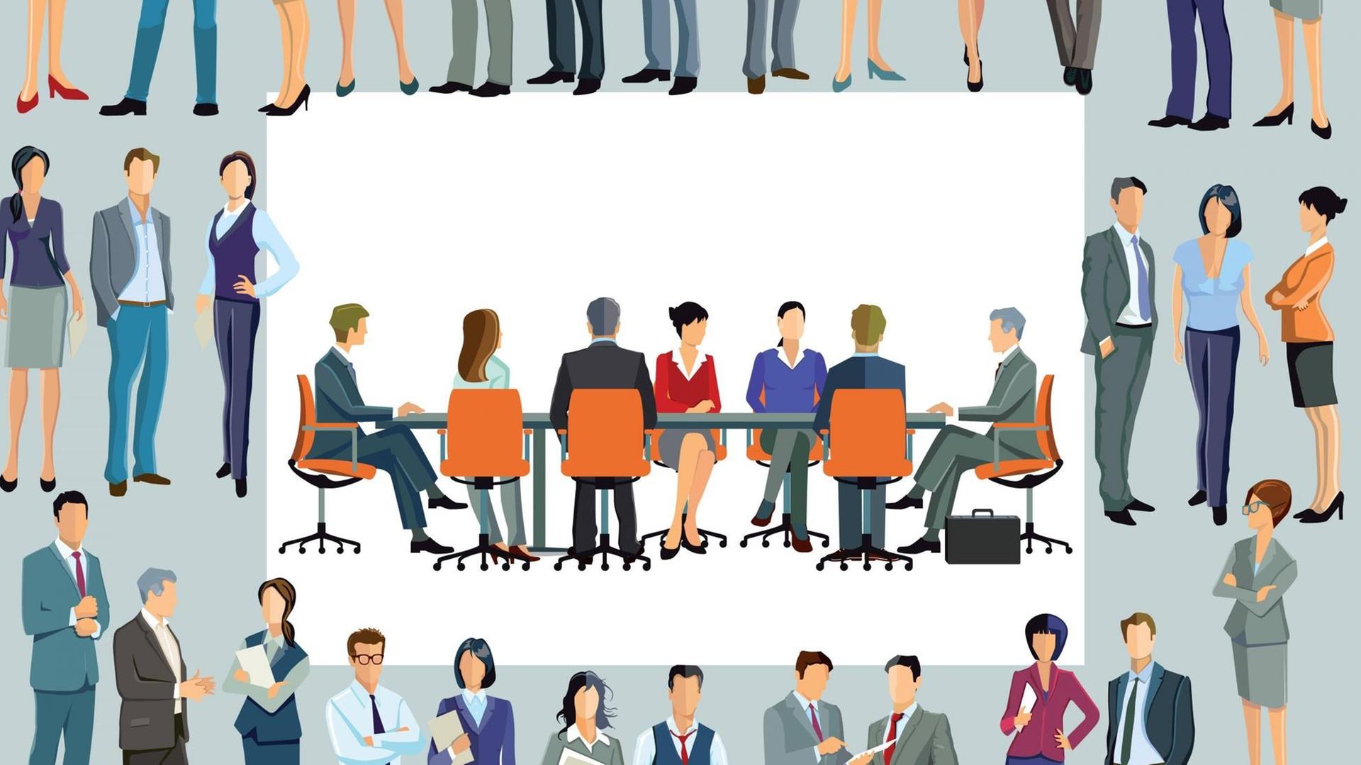 Mitarbeiter sitzen zusammen an einem großen Konferenztisch - umringt von weiteren, stehenden Mitarbeitern. Mitarbeiter sitzen zusammen an einem großen Konferenztisch - umringt von weiteren, stehenden Mitarbeitern.