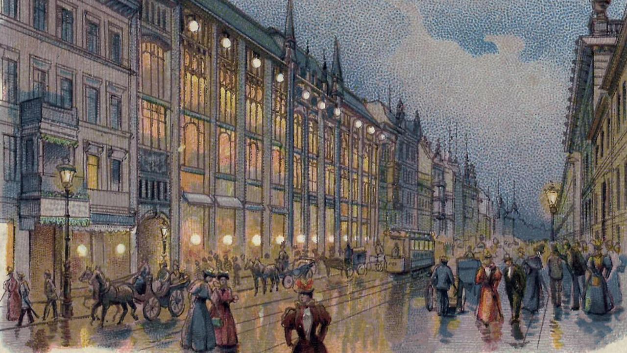 Gemalte Postkarte vom Warenhaus Wertheim in der Leipziger Straße in Berlin. Gemalte Postkarte vom Warenhaus Wertheim in der Leipziger Straße in Berlin.