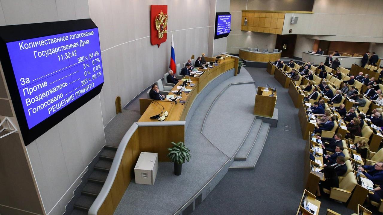 Im Parlament ist eine Anzeigetafel mit einem Abstiummungsergebnis zu sehen: 380 dafür, nur drei dagegen - die Duma verabschiedete das Gesetz zu häuslicher Gewalt.