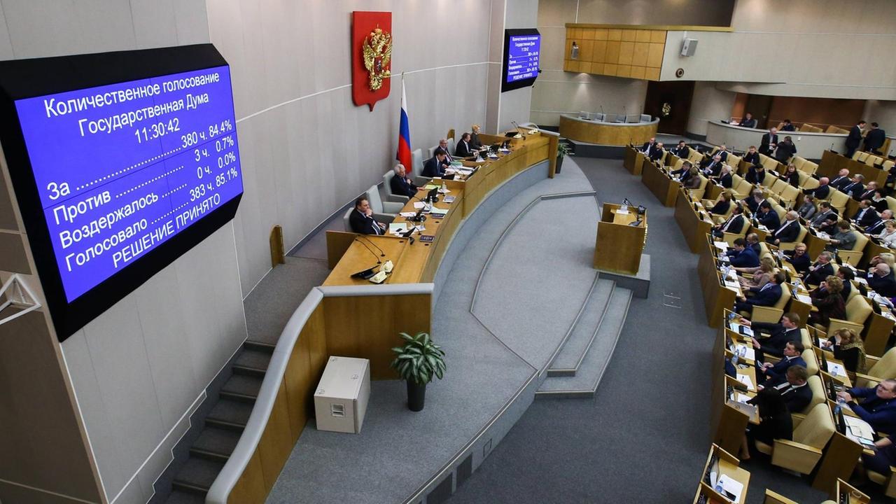 Im Parlament ist eine Anzeigetafel mit einem Abstiummungsergebnis zu sehen: 380 dafür, nur drei dagegen - die Duma verabschiedete das Gesetz zu häuslicher Gewalt. Im Parlament ist eine Anzeigetafel mit einem Abstiummungsergebnis zu sehen: 380 dafür, nur drei dagegen - die Duma verabschiedete das Gesetz zu häuslicher Gewalt.