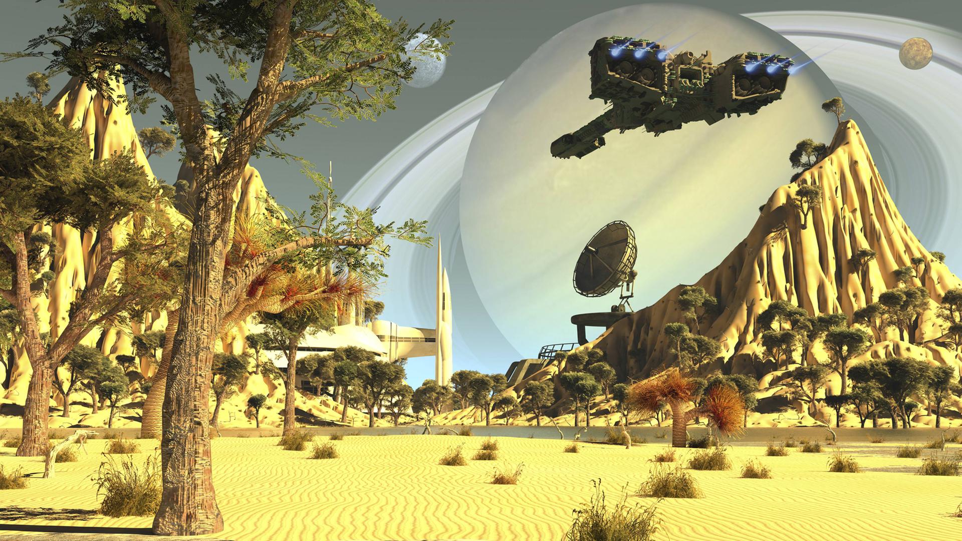 Heute Utopie und morgen Dystopie: Nach der Urbarmachtung des Saturns installieren díe Kolonisatoren von der Erde auf dem fernen Planeten eine Landestation für ihre Raumschiffe Heute Utopie und morgen Dystopie: Nach der Urbarmachtung des Saturns installieren díe Kolonisatoren von der Erde auf dem fernen Planeten eine Landestation für ihre Raumschiffe