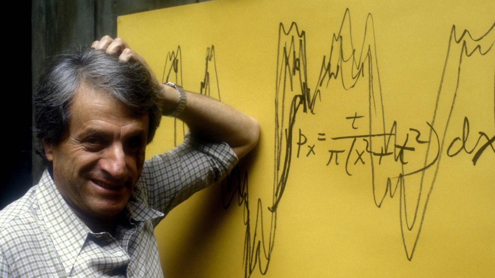 Ein Mann mit grauen Haaren stützt sich mit erhobenem Ellenbogen an eine gelbe Tafel, die er mit Wellen und Formeln beschrieben hat.