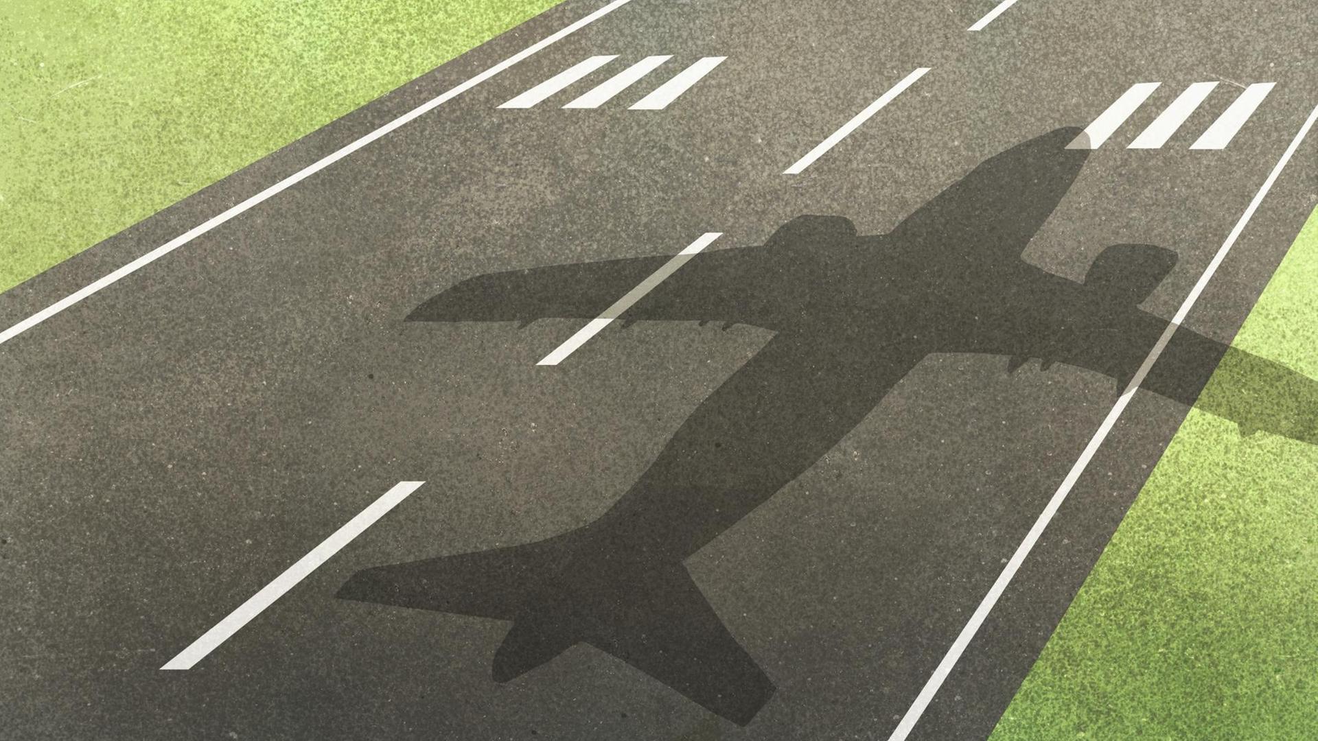 Illustration eines Flugzeugschattens auf der Startbahn. Illustration eines Flugzeugschattens auf der Startbahn.