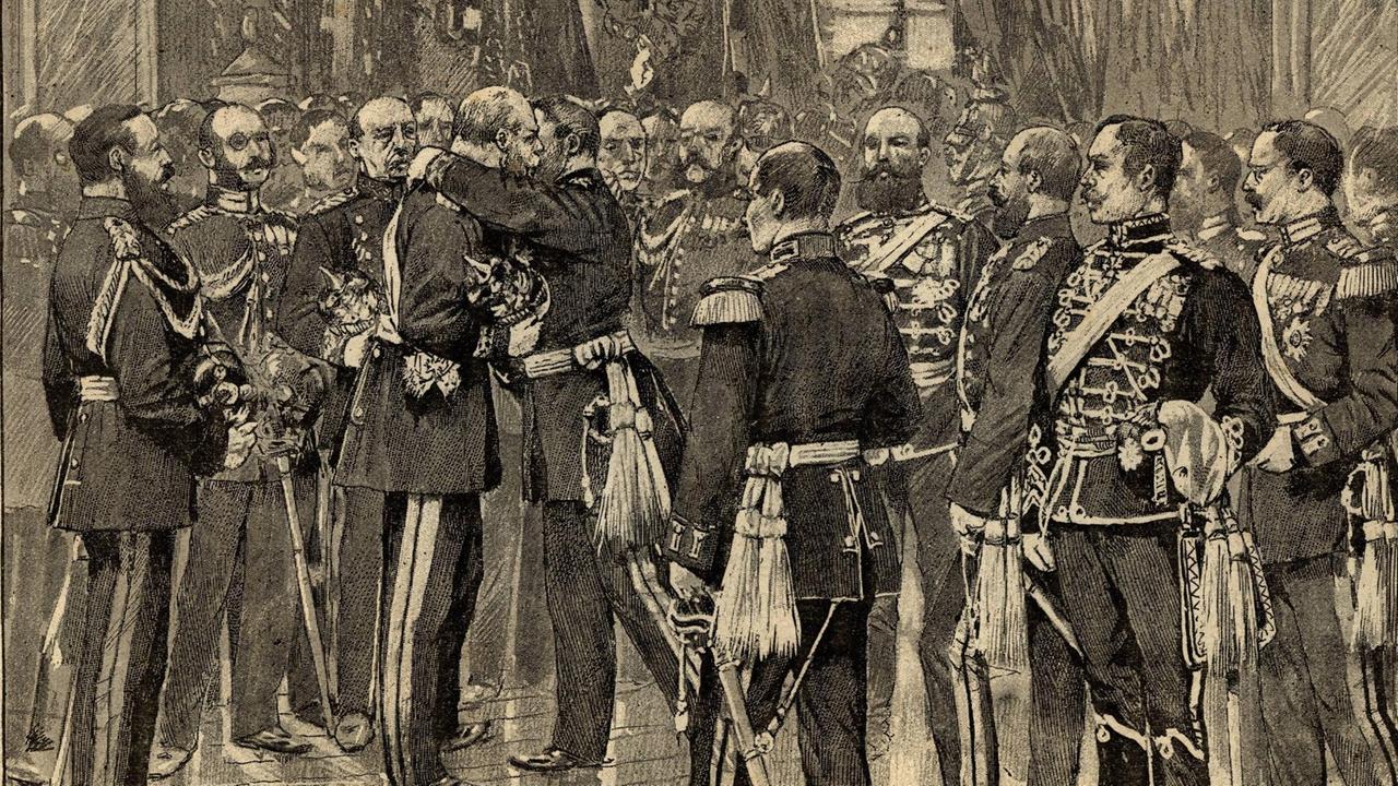 Eine historischer Stich zeigt die Proklamation des Deutschen Reiches am 18.01.1871 im Spiegelsaal von Versailles nach der französischen Niederlage im Krieg von 1870 gegen Preußen. Wilhelm I. (1797-1888) wird in Anwesenheit von Otto von Bismarck zum Kaiser proklamiert - Stich von Maurice Pallandre in Les combattants de 1870-71 von Commandant Leonce Rousset (1850-1938). Eine historischer Stich zeigt die Proklamation des Deutschen Reiches am 18.01.1871 im Spiegelsaal von Versailles nach der französischen Niederlage im Krieg von 1870 gegen Preußen. Wilhelm I. (1797-1888) wird in Anwesenheit von Otto von Bismarck zum Kaiser proklamiert - Stich von Maurice Pallandre in Les combattants de 1870-71 von Commandant Leonce Rousset (1850-1938).