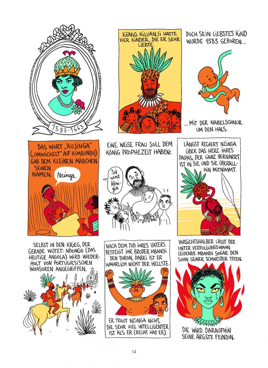 Ausschnitt aus dem Comic "Unerschrocken" der französischen Illustratorin Pénélope Bagieu aus der Geschichte über die Königin Nzinga Ausschnitt aus dem Comic "Unerschrocken" der französischen Illustratorin Pénélope Bagieu aus der Geschichte über die Königin Nzinga