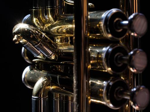 Detailaufnahme einer Trompete, die golden schimmert.